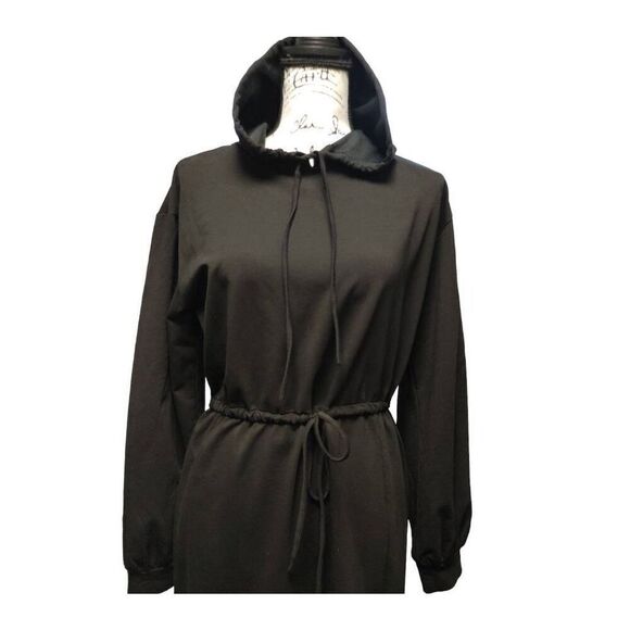 Black Hooded Dress with Drawstring and Front Slit by K Too Sz M - Picture 4 of 8